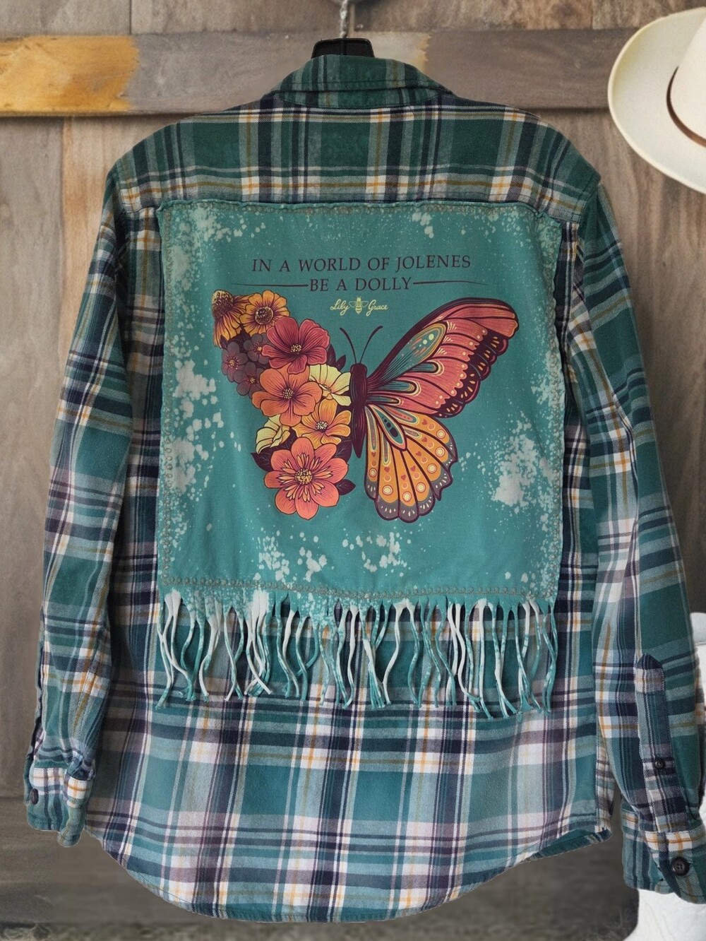 DOLLY PARTON Jolene Butterfly Upcycled Distressed Tshirt Plaid Flannel Shirt